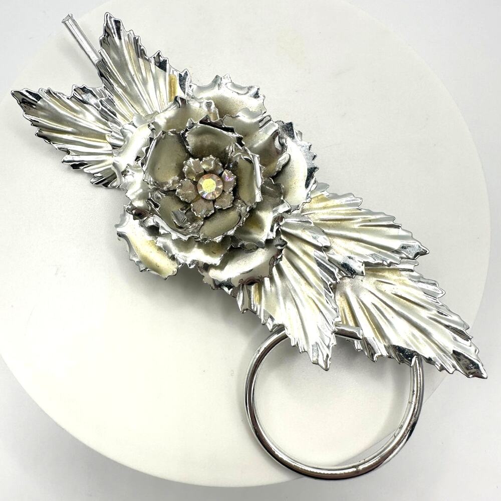 Vintage silver tone large massive oversized AB rhinestone flower floral brooch